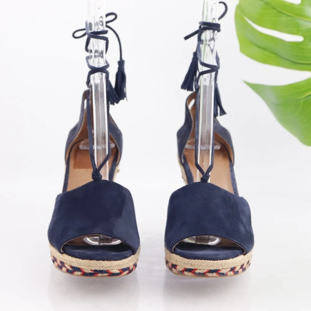 CAbi Womens Isla Sandals Size 8 Navy Suede Tie Ankle Wrap Espadrille Wedge Shoes